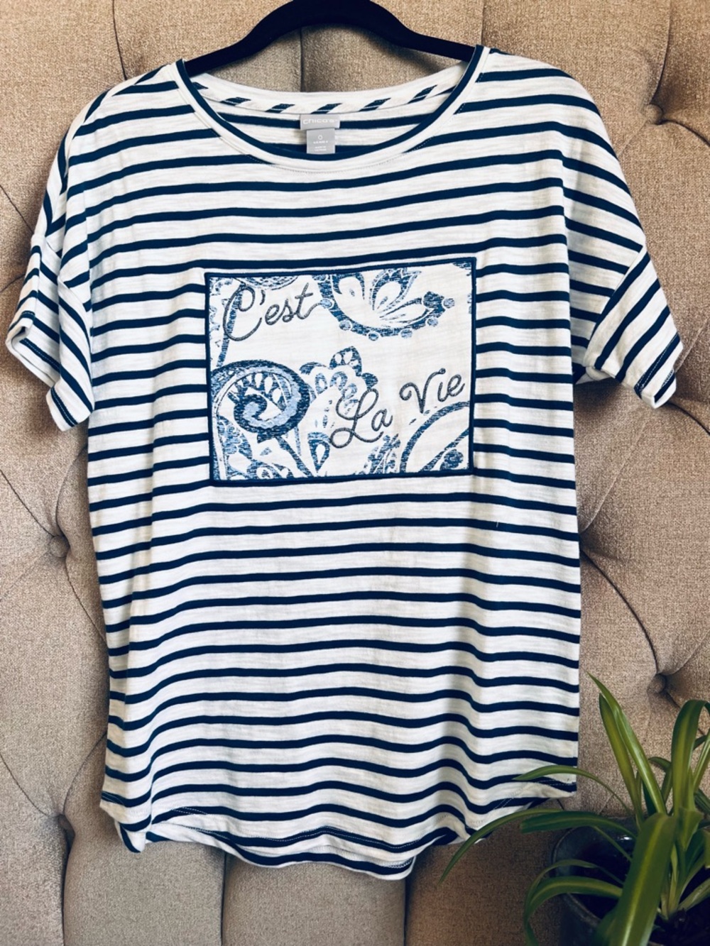 Chico’s Navy Blue striped cotton t-shirt c’est la vie Chico’s size 0 small